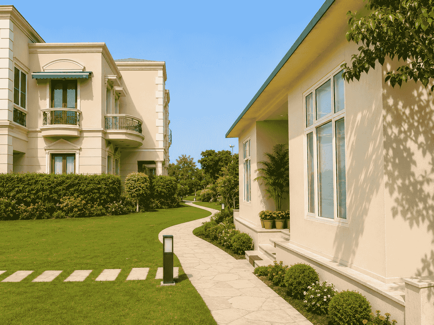 Prefab farmhouse exterior with garden path and large windows