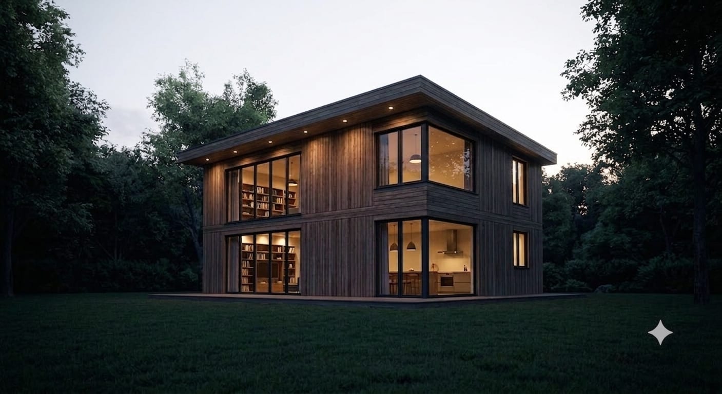 Two-storey wooden-clad prefab villa lit up at dusk, surrounded by trees