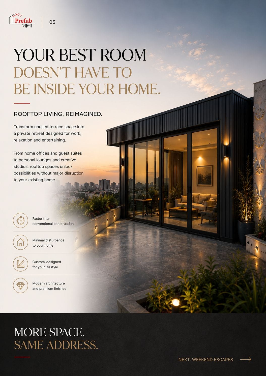 Prefabshala rooftop prefab room with glass sliding doors and city view at dusk